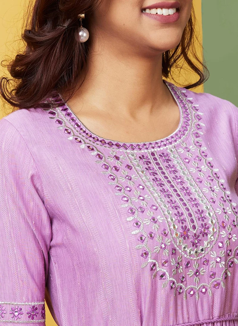 globus Globus Women Ethnic Motifs Embroidered Flared Sleeves Round Neck A-Line Festive Kurta